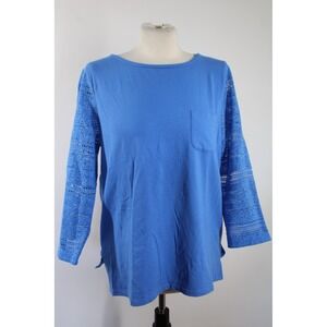 Talbots L Blue Lace Sleeve Knit Top Pocket Crew Neck 3/4 Sleeve Cotton Blend
